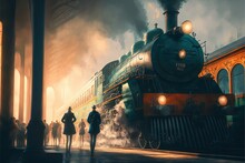 Vintage Steam Train Locomotive, In Train Station. Beautiful Vintage Theme Image. Generative Ai