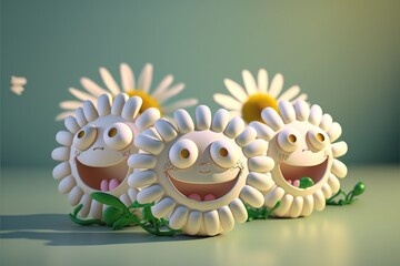 Wall Mural - Daisy flowers with cartoon funny smiling faces. 3d illustration