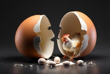 Realistic Farm Chicken Egg Broken, Hatching Chick Stages.. 3d Illustration