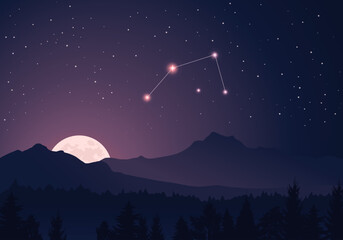 Wall Mural - constellation antlia scheme collection. stars in the night sky. dark starry sky, hills, forest, brig