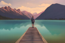 Person Standing On A Jetty And Looking Out At A Beautiful Mountain Lake. Image Created With Generative AI.