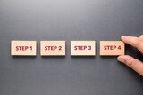 Closeup hand arrange the wood blocks of Step 1 to Step 4 on gray background, step process, step by step method