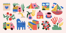 Set Of Vector Stickers. Drawing Style. Colorful Illustrations Of Items For Travel, Holidays. Flowers, Cat, Car, Building, Boat, Tent. Vector Illustration.