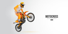 Realistic Silhouette Of A Motocross Rider, Man Is Doing A Trick, Isolated On White Background. Enduro Motorbike Sport Transport. Vector Illustration