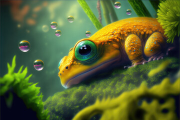 yellow frog on leaf, Generative AI Art Illustration