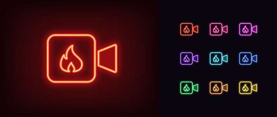 Poster - Outline neon video icon set. Glowing neon camera frame with fire sign, hot video content. Super popular movie, music video hit, hot live show, top story, hot news, fiery media content.