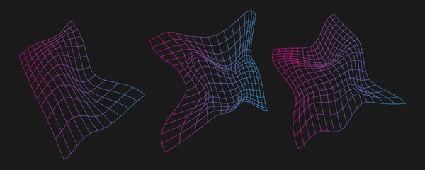Poster - Cyber distorted grid, retro punk design element. Wireframe wave geometry grid on black background. Vector illustration