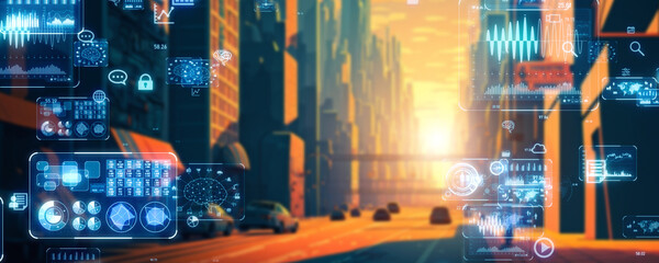 Aufkleber - City and digital technology. Wide angle visual for banners or advertisements.