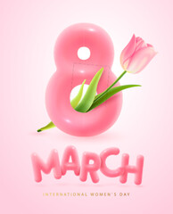 Wall Mural - International happy women`s day greeting card. Realistic pink plastic number eight and pink tulip. March 8. Vector illustration