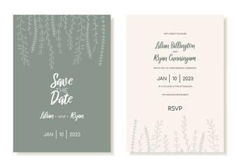 Minimalist wedding invitation template with vegetation in a minty cool shade. Vector