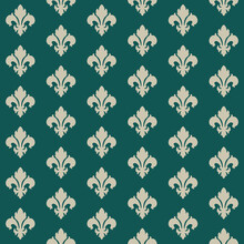 Seamless Elegant Pattern With Silver Fleur De Lis Decoration In Diagonal Lines On Teal Green Background