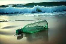 Glass Bottles Washed Ashore And Plastic Waste Floating In Water