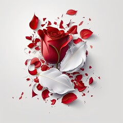 Canvas Print - Red rose and petals on white background Generative AI