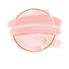 Sticker - Pastel rose or pink watercolor brush stroke splash with luxury golden square or circle frame and glitter gold lines round contour frame for banner or logo wedding elements
