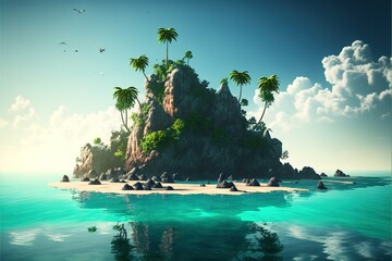 Poster - Island in ocean, uninhabited secret pirate isle with beach, palm trees, jungle. 3d illustration