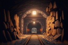 Mine Tunnel Inside View, Cave With Railway, Rocks, Stone Shaft With Wooden. 3d Illustration