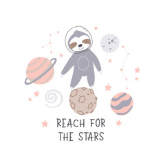 Wall Mural - Space adventure sloth. Cartoon bear, hand drawing lettering, decor elements. Pastel vector illustration for kids. Scandinavian flat style. baby design for cards, posters, t-shirt print.