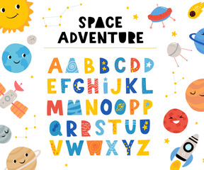 Wall Mural - Abstract decorative English alphabet. Space, cute Kids font. Ideal for education, home decor. Vector colorful Illustration in cute scandinavian style.