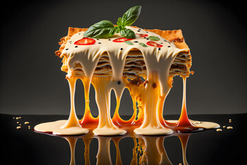 Slices of lasagna with dripping cheese and oozing tomato sauce. Delicious food illustration