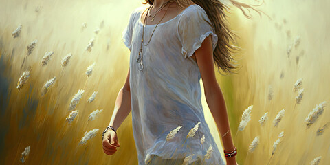 Poster - illustration of a girl running through a wheat field. Banner. Generative AI