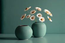 Minimal Interion Design With Ceramic Vase And Dry Flowers On Turquoise Wall.