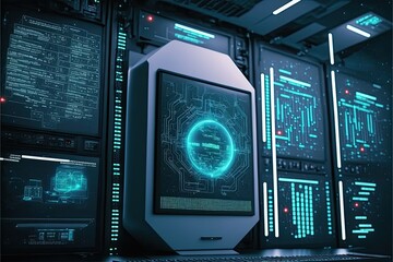  Super computer and quantum server rack in Data center control room. Generetive AI