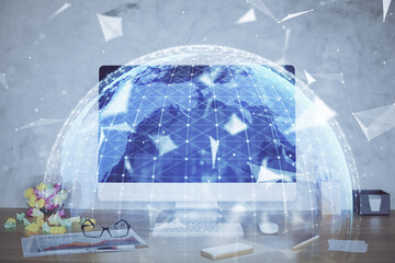 Poster - Double exposure of business theme icons and work space with computer background. Concept of success.