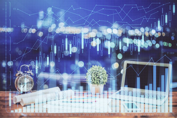 Poster - Forex graph hologram on table with computer background. Double exposure. Concept of financial markets.
