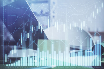Poster - Multi exposure of forex graph and work space with computer. Concept of international online trading.