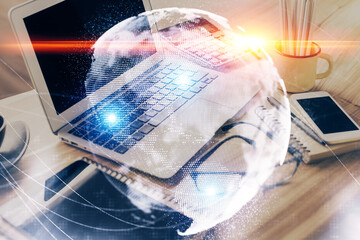 Aufkleber - Double exposure of business theme icons and work space with computer background. Concept of success.
