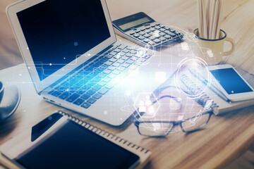 Aufkleber - Computer on desktop with social network hologram. Double exposure. Concept of international people connections.