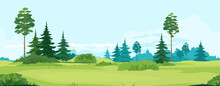 Path Along Green Valley With Spruce And Pine Trees Tillable Horizontally, Tourist Route Near Spruce Forest And Bushes In Summer Sunny Day, Nature Outdoor Game Background