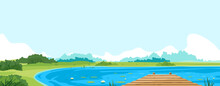 Wooden Pier Of Boards On Lake In Front View Nature Landscape Panorama, Quiet Scenic Place For Fishing And Outdoor Recreation, Small Blue Lake With Bulrush Plants And White Water Lilies With Pier