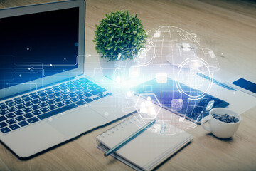 Aufkleber - Computer on desktop with social network hologram. Double exposure. Concept of international people connections.
