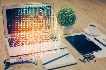 Aufkleber - Double exposure of desktop with computer and brain drawing hologram. Artificial intelligence concept.