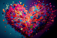 A Explosion Of Hearts In A Variety Of Colors On A 2D Abstract Canvas - Generative Ai