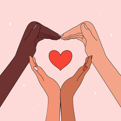 Multiracial male and female arms forming heart with space inside. Love inside hands. Valentine's day. Vector outline flat illustration.