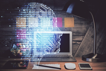 Aufkleber - Double exposure of desktop computer and human brain drawing hologram. Ai concept.