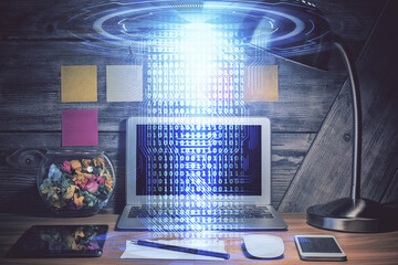 Aufkleber - Multi exposure of desktop with computer on background and tech theme drawing. Concept of big data.
