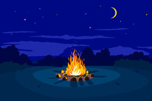 Campfire At Night On Glade And Stars On Sky With Young Moon, Place For Camping Nature Background, Campfire With Stones On Round Lawn, Perfect Spot To Pitch Tent