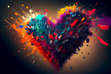 A 2D Abstract Canvas Featuring A Explosion Of Hearts In A Burst Of Colors - Generative Ai