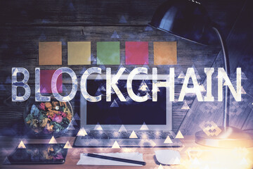 Aufkleber - Double exposure of blockchain and crypto economy theme hologram and table with computer background. Concept of bitcoin cryptocurrency.