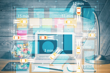 Poster - Desktop computer background in office with automobile hologram drawing. Multi exposure. Tech concept.