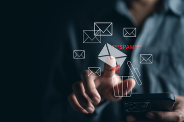 Poster - Email spam virus warning caution sign for notification on internet letter security protect, junk and trash mail, Cybersecurity vulnerability, data breach, illegal connection, compromised information.