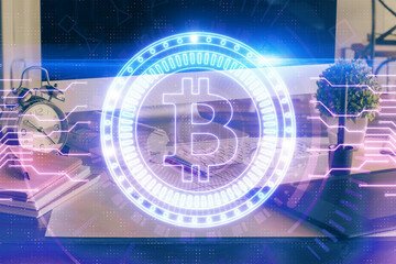 Aufkleber - Multi exposure of blockchain and crypto economy theme hologram and table with computer background. Concept of bitcoin cryptocurrency.