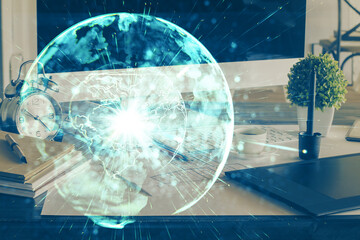 Poster - Double exposure of business theme icons and work space with computer background. Concept of success.