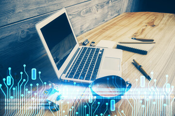 Aufkleber - Double exposure of desktop with personal computer on background and tech theme drawing. Concept of data analysis.
