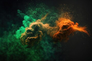 Wall Mural - green and orange smoke with shiny glitter particles abstract 3