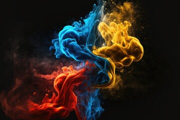 Wall Mural - yellow, blue and red smoke with shiny glitter particles abstract