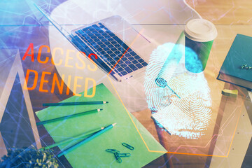 Aufkleber - Computer on desktop in office with finger print drawing. Double exposure. Concept of business data security.